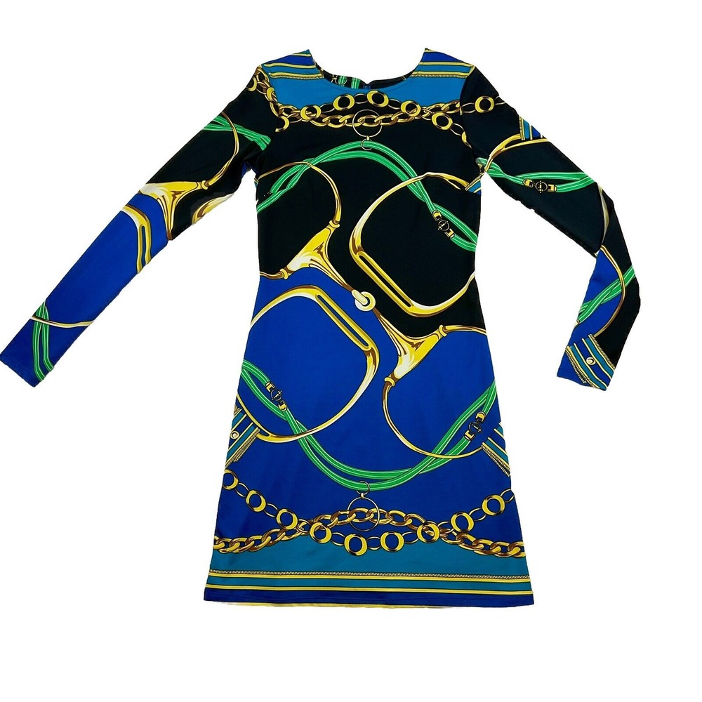 Julie Brown VTG Chain Print Equestrian Sheath Mini Dress‎ Long Sleeve Womens XS